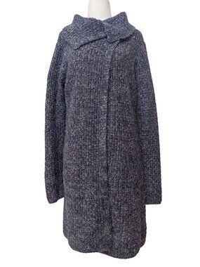 KENAR Wool Alpaca Blend Marled Duster Cardigan Sweater Coat Jacket Gray Blue M